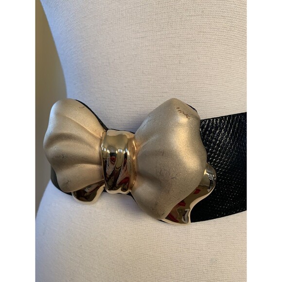 Judith Leiber Black Snakeskin Wide Belt Expandable Gold Bow Buckle Rare main image 4